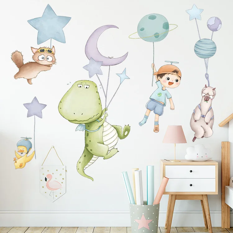 Cartoon-Tiere, Dinosaurier, Katze, Alpaka, Wandaufkleber für Baby- und Kinderzimmer, Dekoration, Schlafzimmer, Hintergrund, Tapete, Heimdekoration, Aufkleber – Detail 3