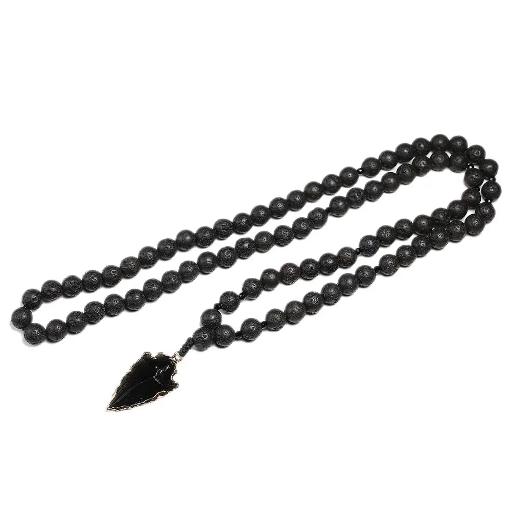 Natural Lava Beads Necklace Obsidian Arrow Pendant Vintage Necklaces Women Men Jewelry Yoga Mala Meditation