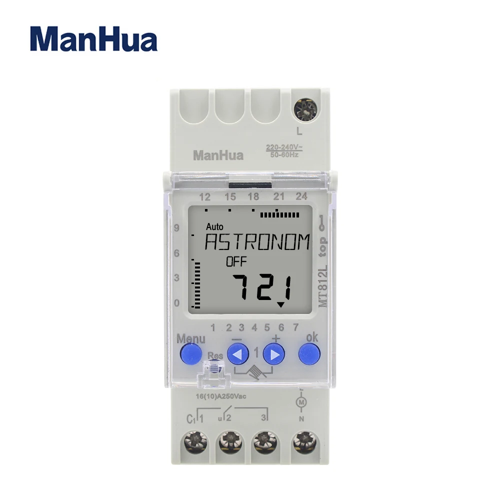 

ManHua MT812L Astronomical Timer Switch 16A 220VAC 1-channel 7 Days LCD Digital Timing Control Latitude Switch DIN Rail Mounting