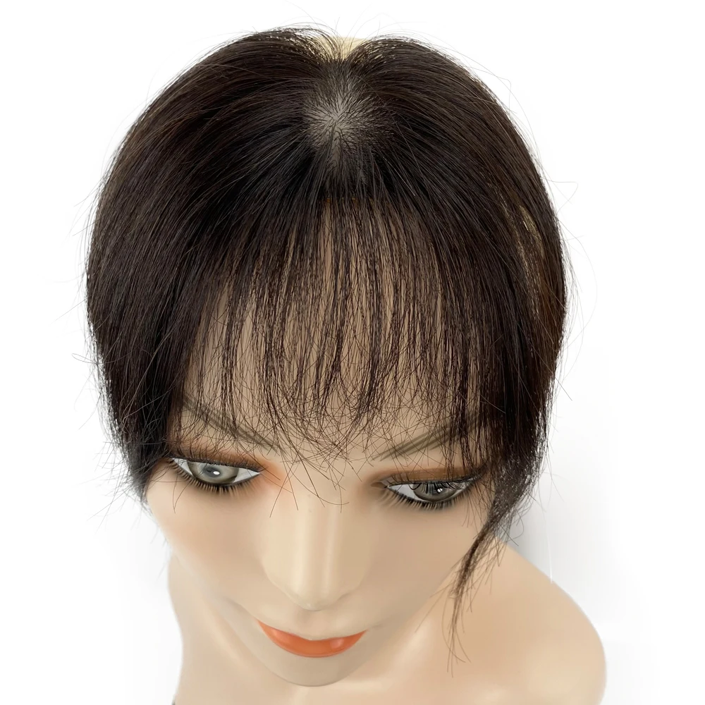 6Inch Brown Mini Human Hair Topper 15CM Scalp Top Hair Bangs 5X5CM Women Toupee With a Cut Bang Silk Skin Base Fringe Hairpieces