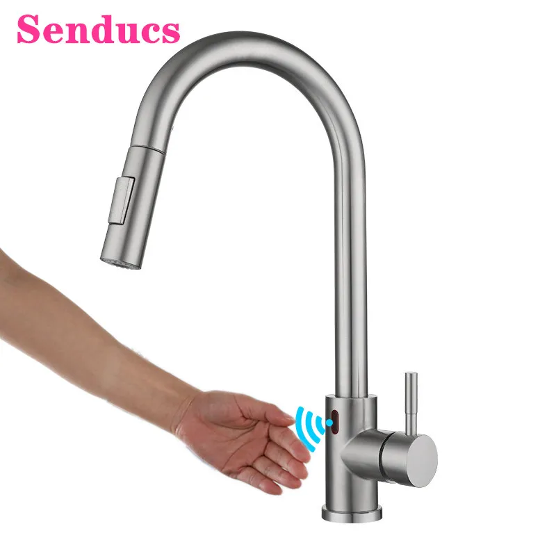 

Sensor Kitchen Faucets SUS304 Stainless Steel Pull Out Kitchen Faucets Touchless Kitchen Mixer Tap Brushed Sensor Kitchen Faucet