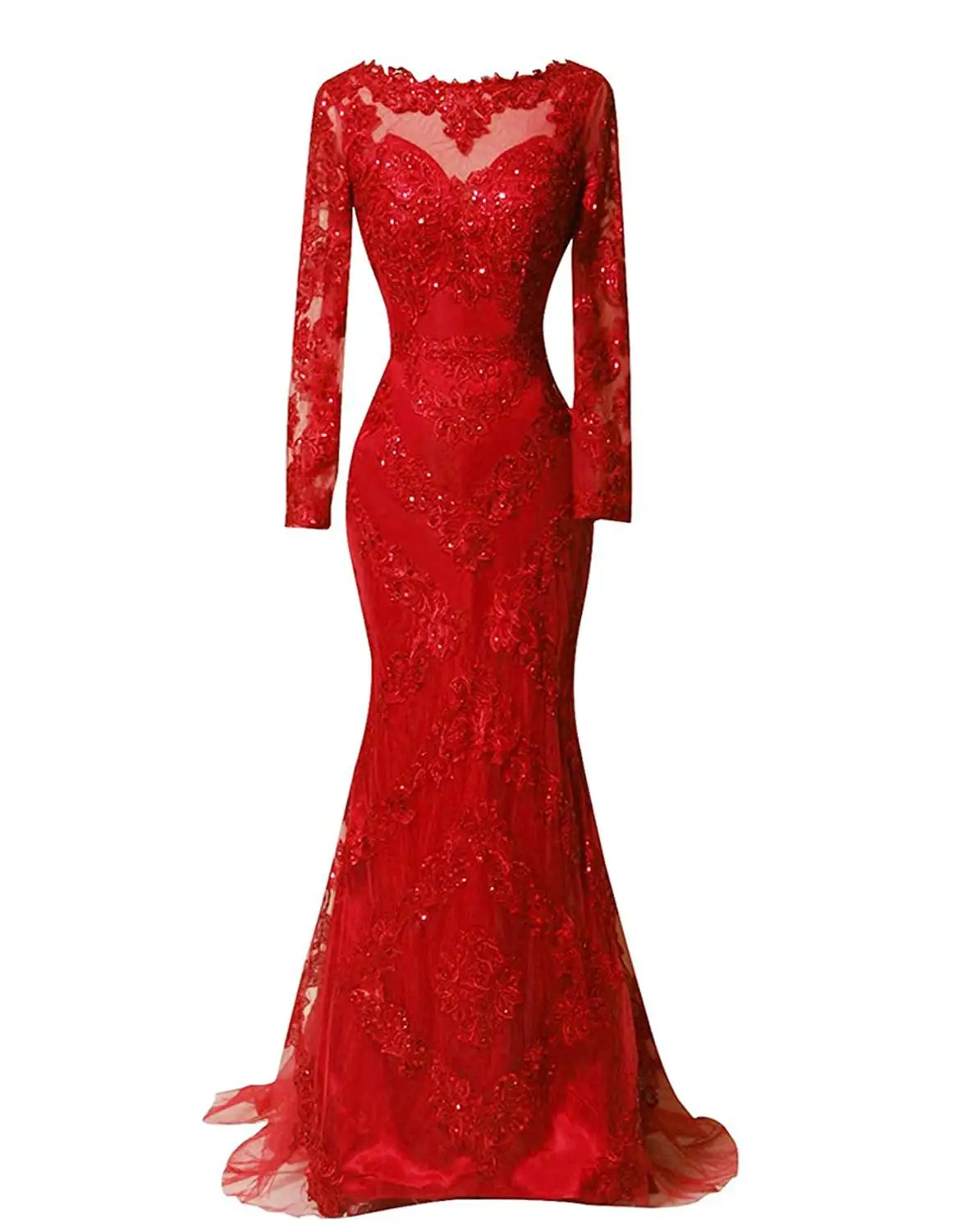 

Real Photos Red Long Sleeve Prom Dress 2019 Lace Appliques Mermaid Evening Dresses Long Sweep Train Formal Gowns