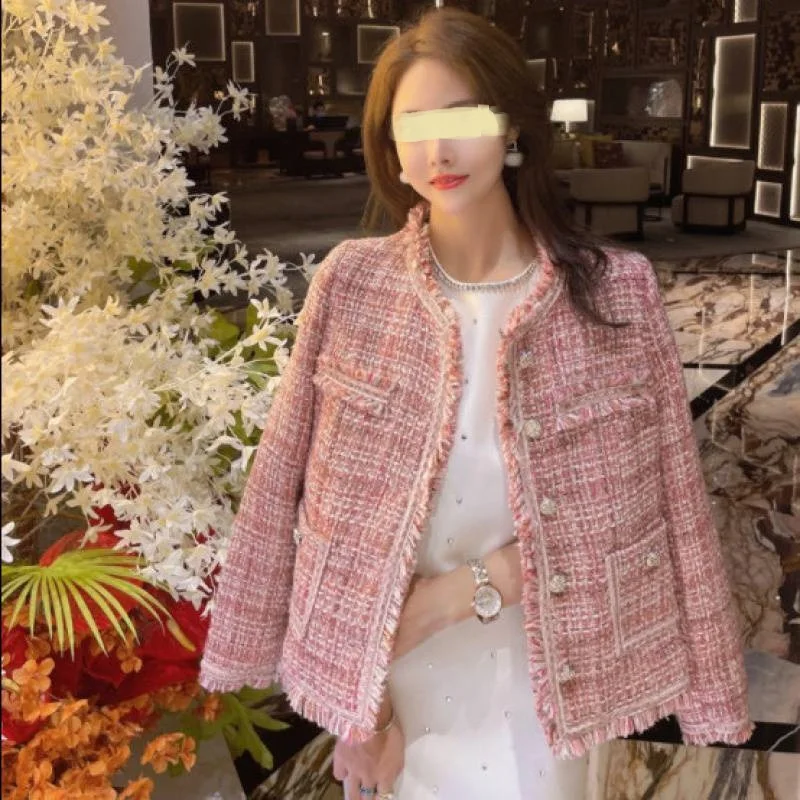 Woman's Outwear Desinger Coat Tweed Jacket Tassel OL Open Stitch Patchwork Ins Elegant Office Lady Vintage Business Fashion Pink