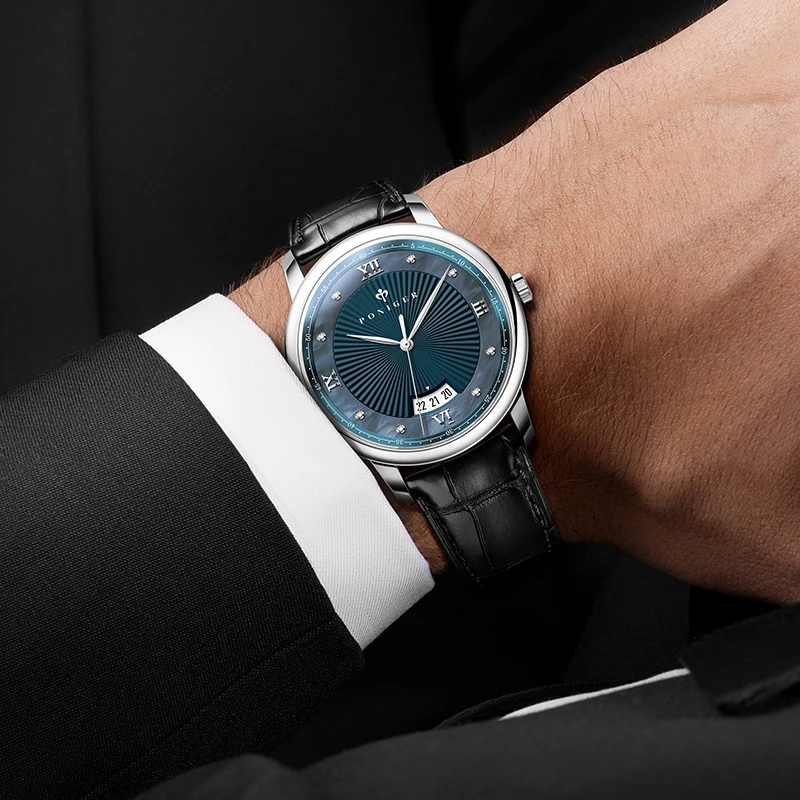 Poniger topo marca de luxo masculino relógio de pulso quartzo com pulseira de couro casual relógio de negócios masculino safira à prova dwaterproof água data relógios