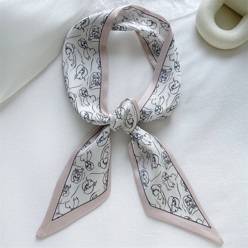 Luna&Dolphin Women Skinny Ribbon 100x6cm Retro Suit Silk Scarf Sketch Human Face Letter Printing Long Headbands Lady Neckerchief