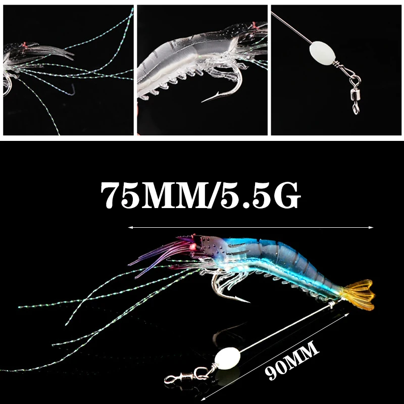 5 sztuk/partia Luminous krewetki silikonowe miękkie przynęty zestaw 75mm 5.5g krętliki Glow haki Sabiki Rigs Fishing Lure sztuczne Wobblers Tackle