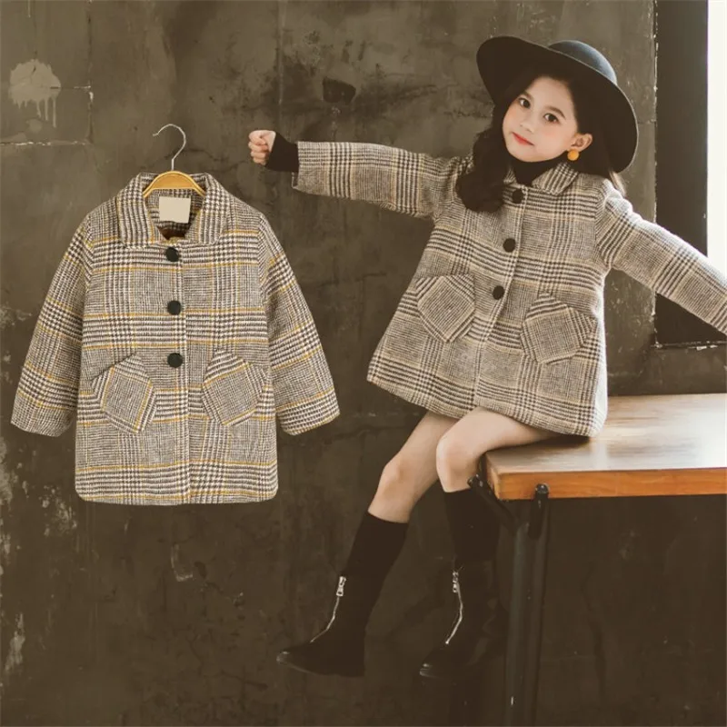 Girls Baby\'s Woolen Coat Jacket Outwear 2021 Yellow Plaid Thicken Autumn Winter Hooded Keep Warm Button Children\'s Clothing