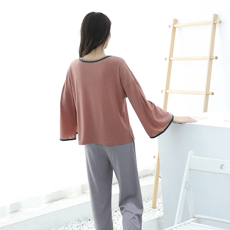 Autumn Ladies Pajamas Loose Casual Slim Round Neck Nine-Point Sleeve Trousers Color Matching Wide-Leg Pants Home Service Suit