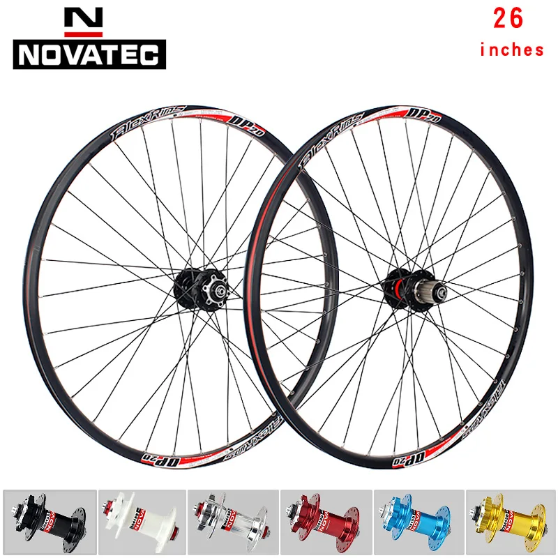 Zestaw kół rowerowych górskich Novatec 26 cali D041/D042, 4 łożyska, 7-11 biegów, 32H, hamulec tarczowy, koła rowerowe z aluminium.