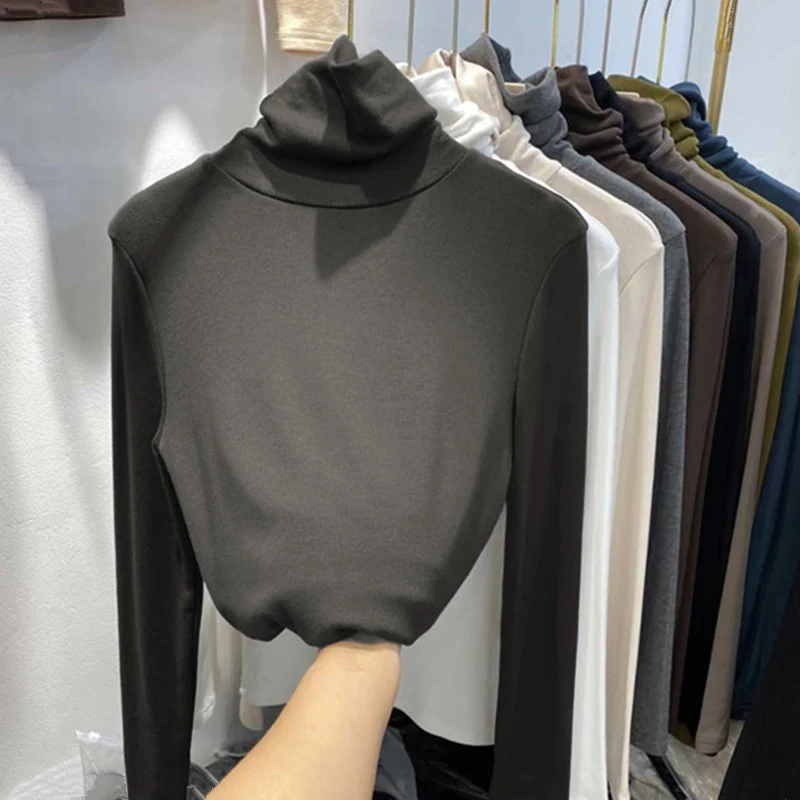 Turtleneck Solid Color Long Sleeve Women Shirts 2021 New Autumn Winter Fashion All Matched Warm Female Tops