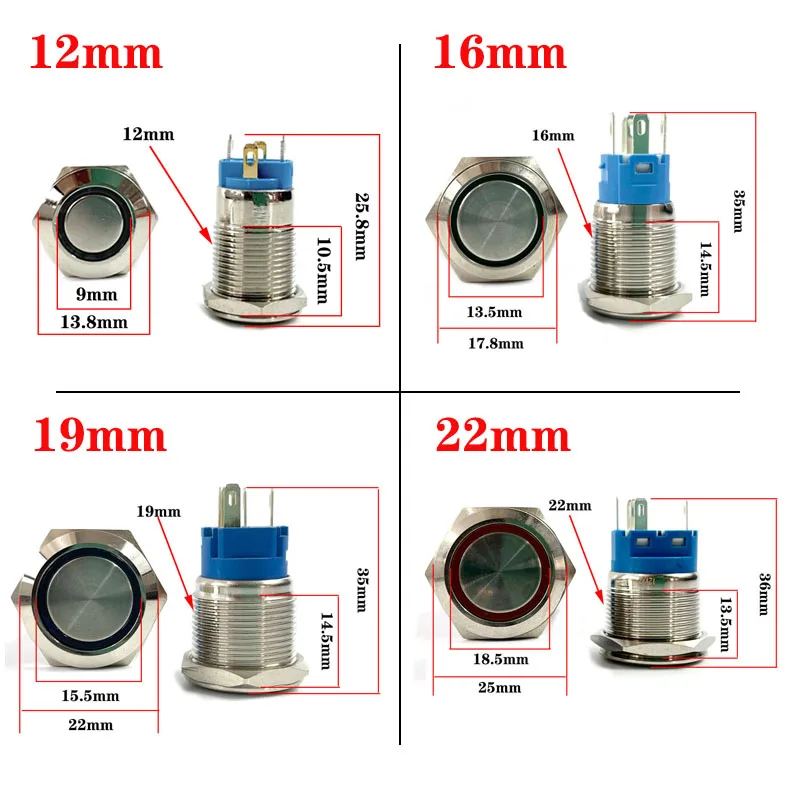 Botón Led de Metal de 12mm, 16mm, 19mm y 22mm con luz, botón impermeable, reinicio automático, símbolo de interruptor de encendido con autobloqueo