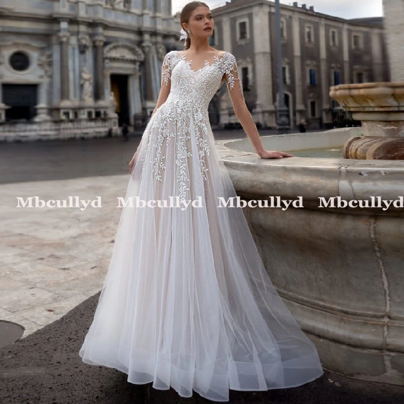 

Mbcullyd A-Line Wedding Dress 2023 Tulle Long Sleeve Lace Applique Illusion Back with Buttons Bride Dress Vestido De Novia