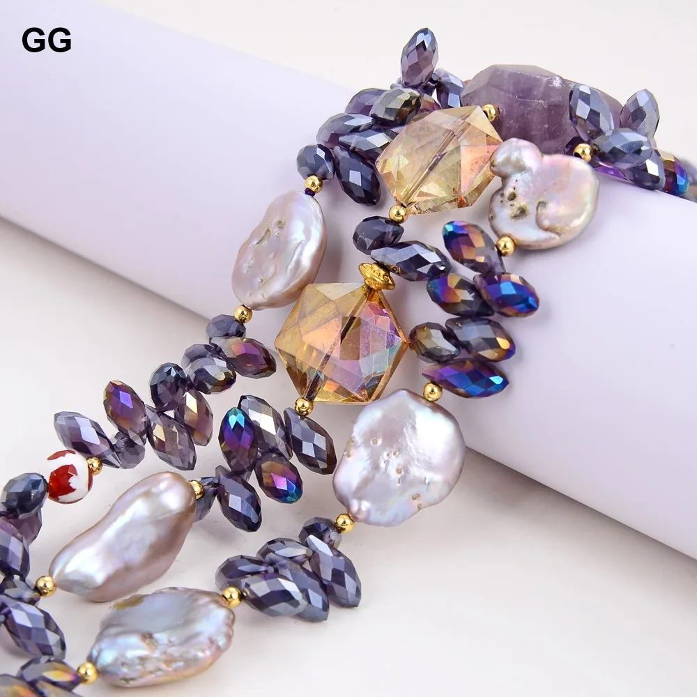 GG 20\'\' 3 Strands Natural Purple Amethyst Crystal Keshi Pearl Necklace