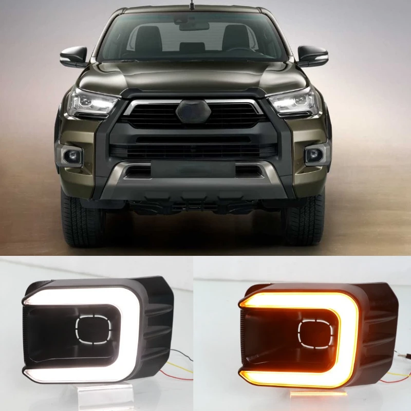 

12V LED DRL Daytime Running Light For Toyota Hilux Revo 2020 2021 Waterproof Yellow Turn Signal Indicator Light Bumper fog lam