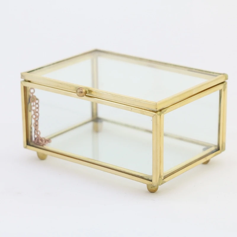 Retro Rectangle Transparent Golden Glass Ring Box Wedding Geometric Jewelry Organizer Home Decorative Box for Storage Trinket