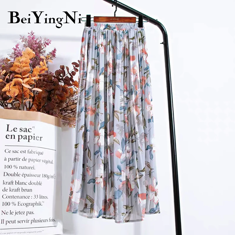 Beiyingni Summer Chiffon Beach Boho Maxi Women Skirt High Waist Floral Print Vintage Holiday Ruched Long Fashion Skirts Faldas