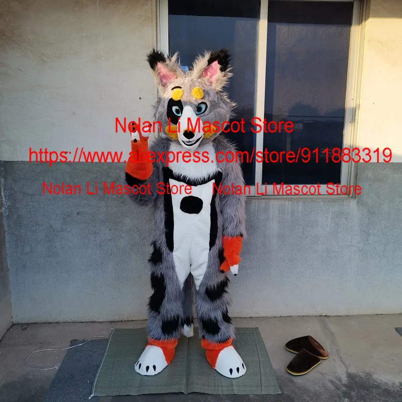 Grijze Volwassen Lange Harige Husky Hond Fox Wolf Mascotte Kostuum Stripfiguur Cosplay Maskerade Festival Viering 1148