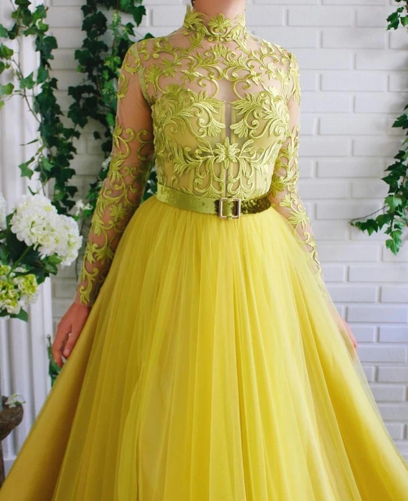 Yellow Moroccan Muslim Evening Dresses A-line Long Sleeves Tulle Appliques Long Luxury Turkey Dubai Saudi Arabia Prom Dress Gown