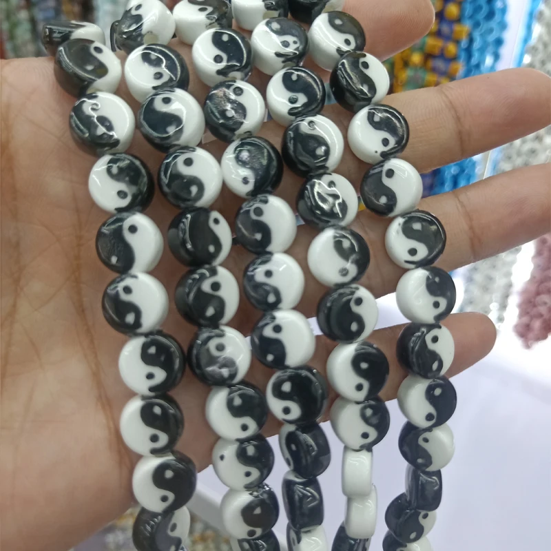 10pcs Black White Taiji Pattern Ceramic Beads 10mm Round Flat Loose Ceramic Beads For Jewelry Making DIY Accessories