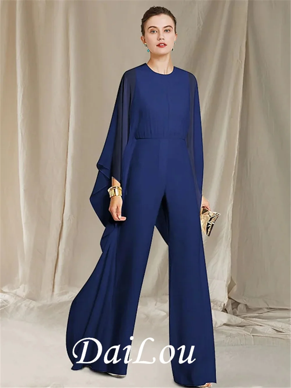 Pantsuit / Jumpsuit Mẹ Của Cô Dâu Đầm Thanh Lịch Viên Ngọc Cổ Tầng Dài Voan Tay Dài Có Xù 2022