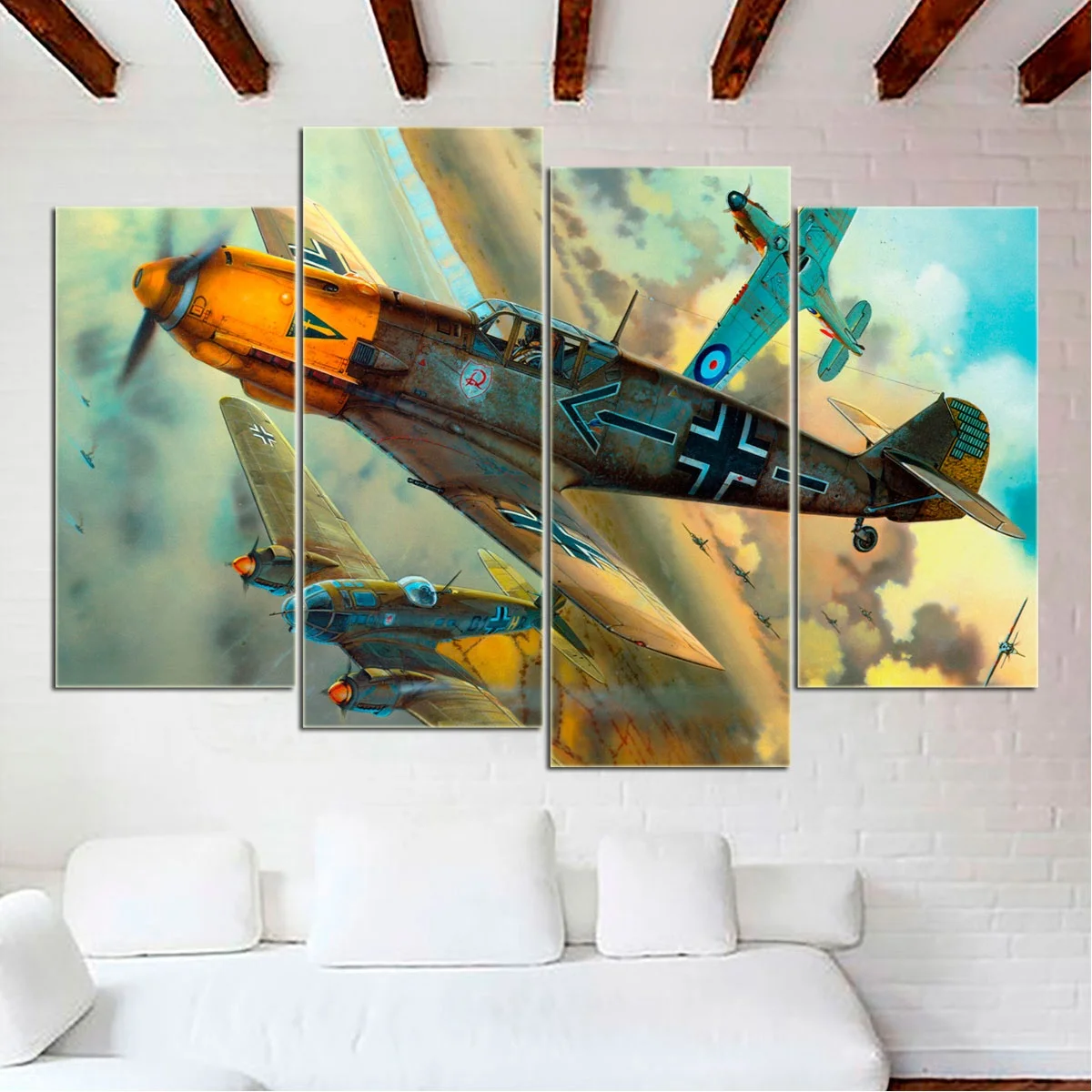 Canvas Prints Painting Wall Art Poster 4 Pcs Aviation Airplane BF-109-vs-P-51 Modern For Living Room Home Decor Modular Picture