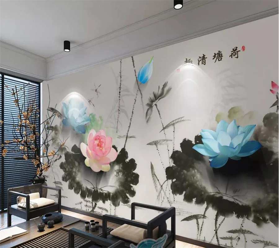 

wellyu Custom wallpaper 3d обои flower New Chinese mood colorful ink lotus TV background wall decoration painting wallpaper обои