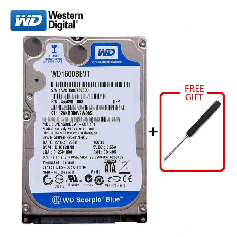 Оригинальный разобранный б/у жесткий диск для бренда WD 160 Гб 2,5 дюйма HDD SATA 3 ГБ-6 Гб/с 8-16 м 5400-7200 об/мин внутренний синий диск для