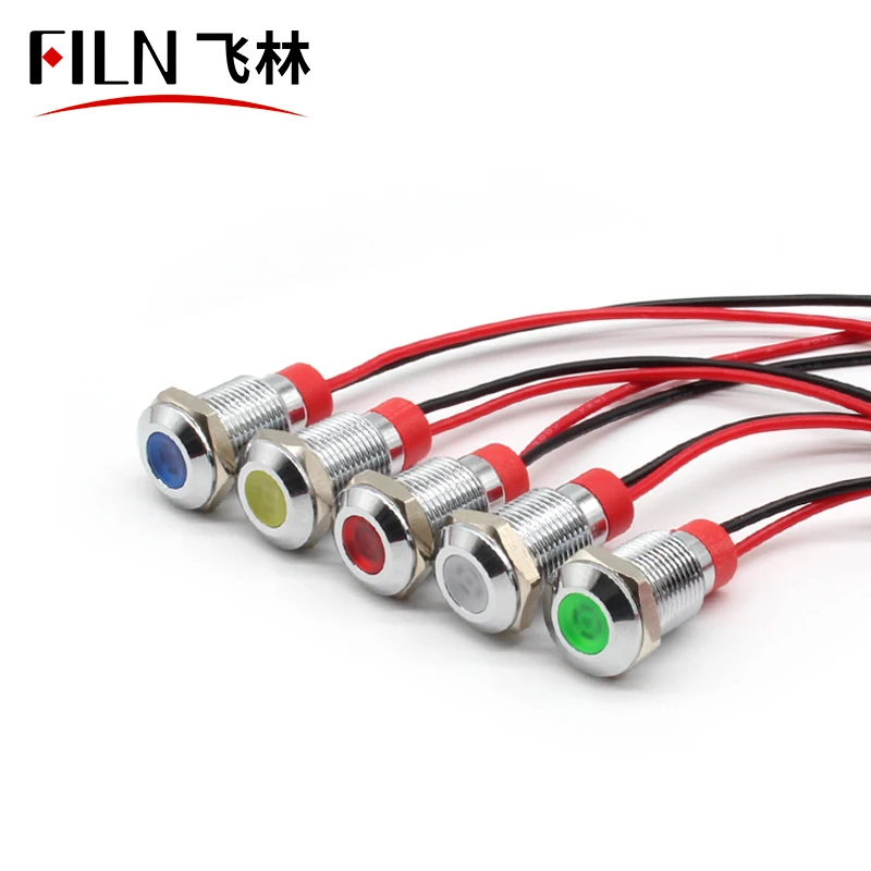 FILN 6Mm 8Mm 10Mm 9V-24V Lampu Lampu Indikator Sinyal Logam Led dengan Kabel 15Cm