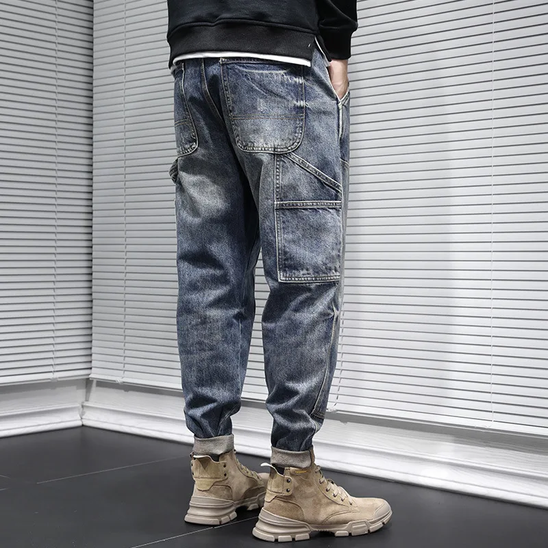 Autumn and winter 2021 brand cowboy cargo tooling jeans men\'s Korean loose large size retro feet teenager Harlan straight pants