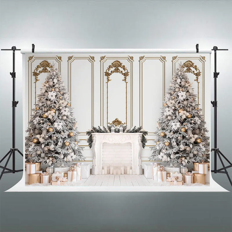 Latar Belakang Kamar Natal Retro untuk Fotografi Putih Pohon Natal Dekorasi Perapian Alat Peraga Foto Profesional Latar Belakang Stan Studio