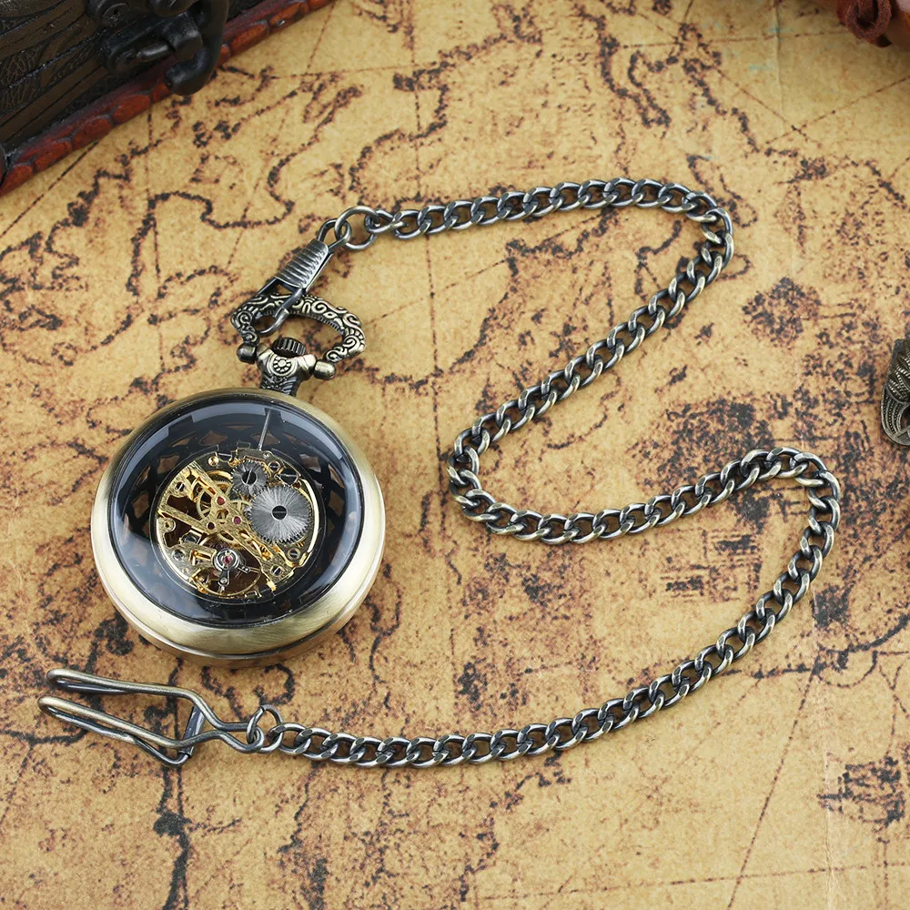 Transparent Bronze/Black Skeleton Manual Mechanical Pocket Watches with Hanging Chain Hand Winding Pendant Pocket Timepiece