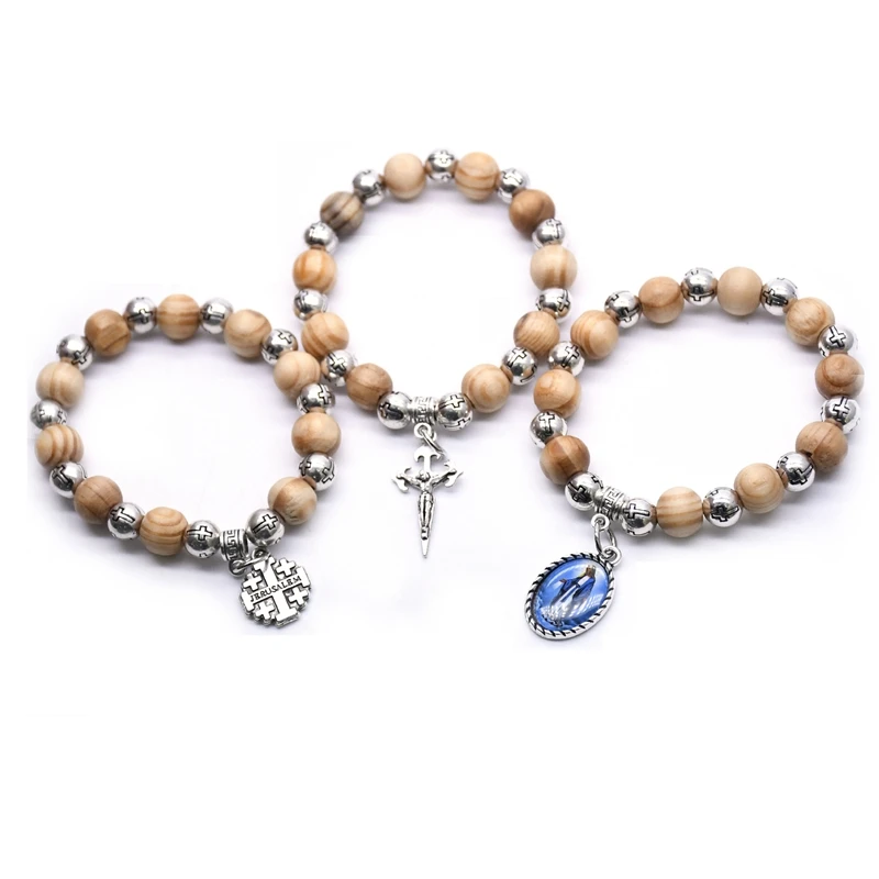 QIGO Virgin Christ Cross Bracelet Wood Plastic Beads Strand Bracelet For Men Women Religious Jewelry