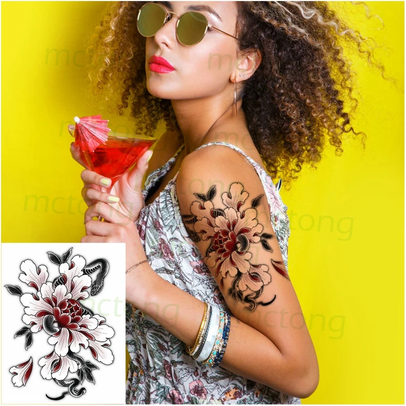 Waterproof Temporary Tattoo Sticker snake Peony flower fake tatto flash tatoo tatouage temporaire leg arm body art for women