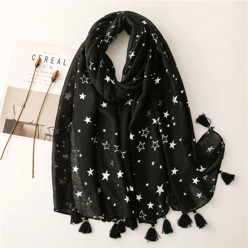 2023 Fashion Iron Silver Star Tassel Viscose Shawl Scarf Women High Quality Autumn Winter Foulard Muslim Hijab Sjaal 180*90Cm