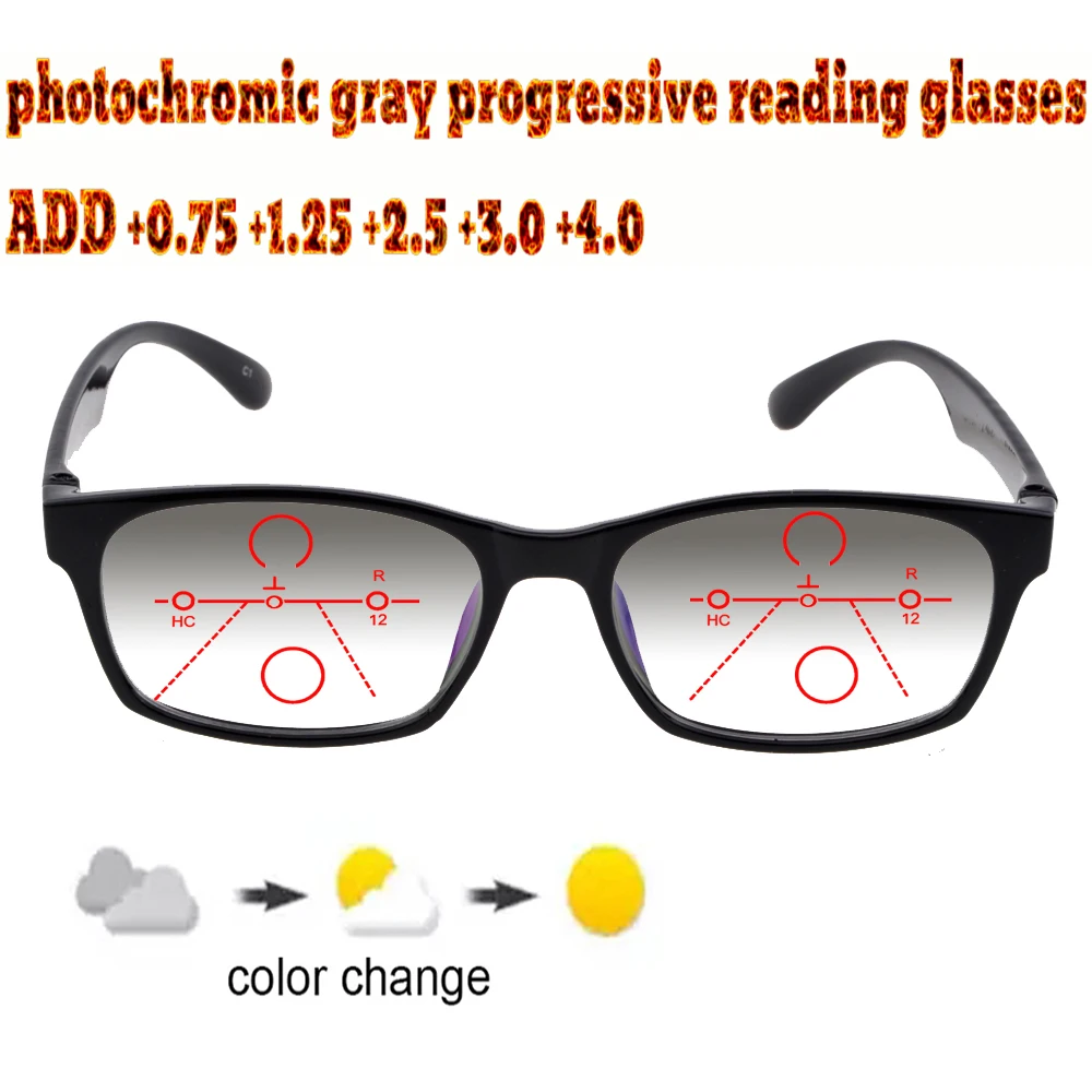 

Photochromic Gray Progressive Multifocal Reading Glasses Men Woem Ultralight Black Frame+1.0 +1.5 +1.75 +2.0 +2.5 +3 +3.5 +4