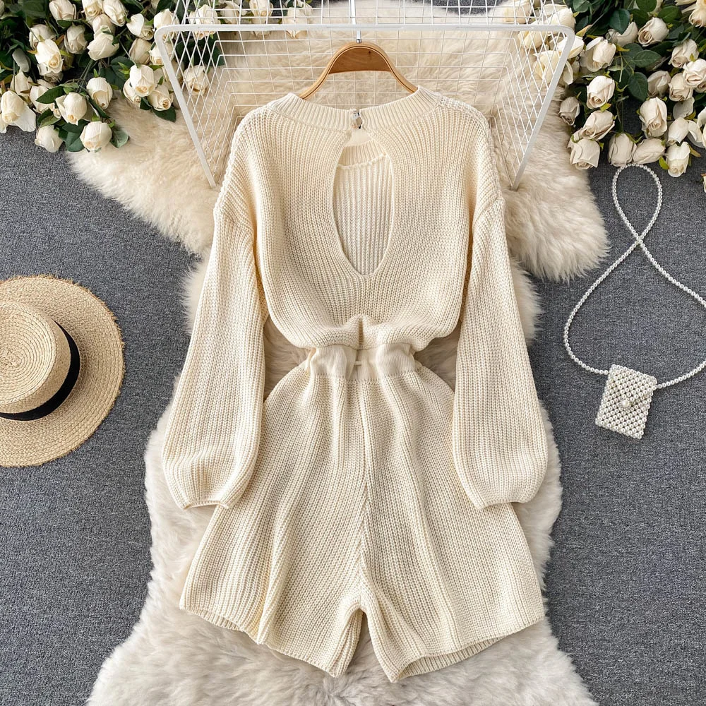 Women Knitted Playsuits Fashion Streetwear O-neck Long Sleeve Drawstring Lace-up Back Hole Casual Loose Short Jumpsuit Overalls