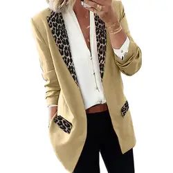 Feminino lapela leopardo retalhos sexy blazer manga longa frente aberta casaco fino casaco de escritório jaqueta outono elegante fino cardigan outerwear