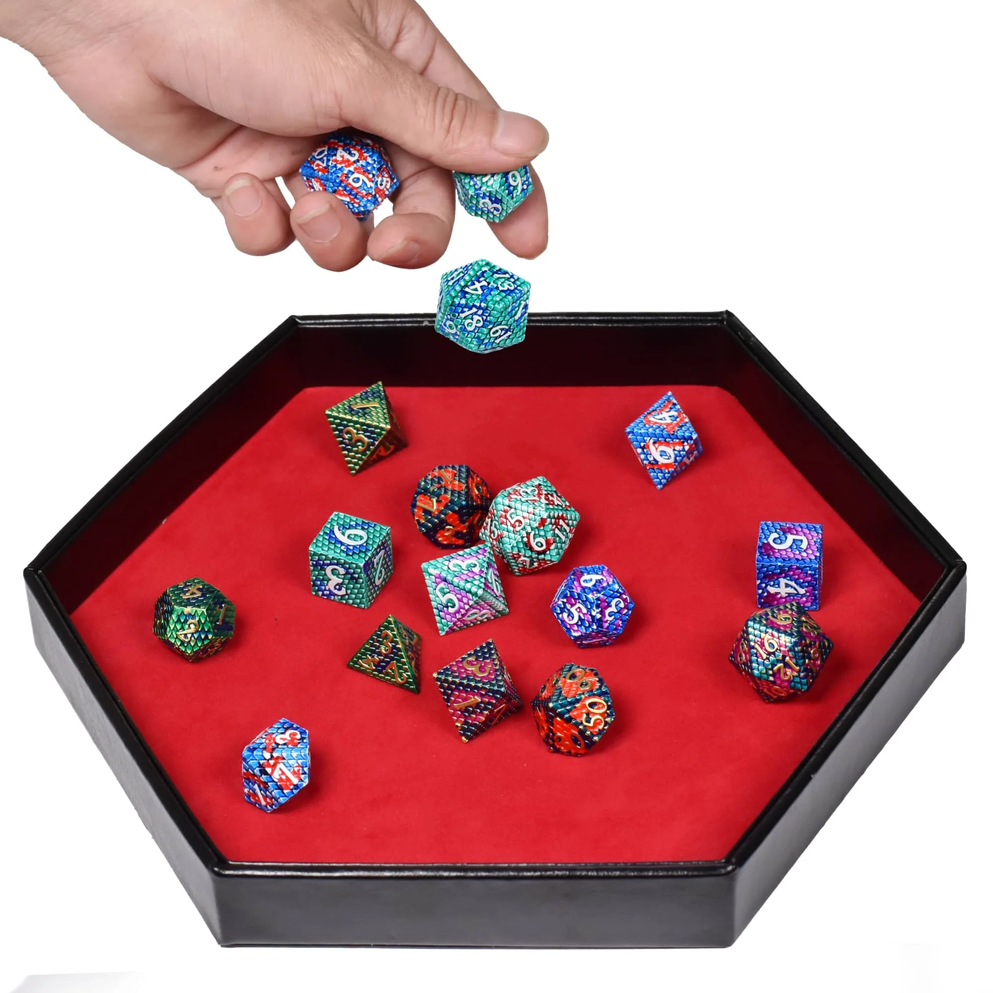 2 in 1 D&D Dice Tray & Dice Box Dice Case Hexagon Dice Rolling Tray Dice Holder PU Leather for Dice Games RPG Table Games