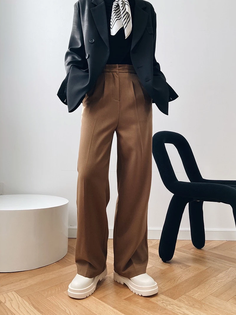 LMQ NEW Women Autumn Winter Korean Vintage Brown High Waist Straight Wide-Leg Suit Pants Drape Casual Trousers Fashion Harajuku