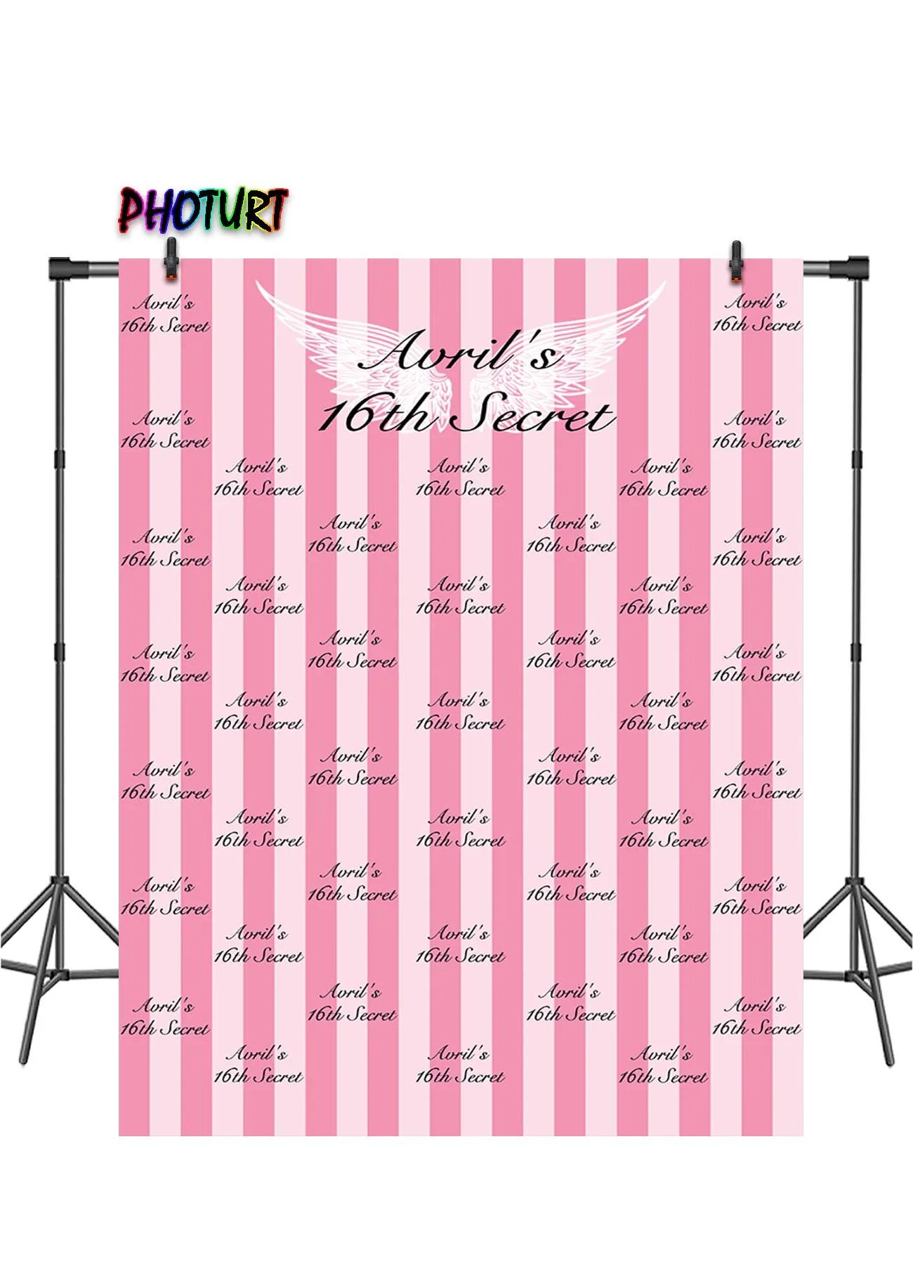 PHOTURT Sweet Secret Photography Backdrop Girl 16th Birthday Party Photo Background Pink Stripes Repeat Wings Vinyl Booth Props