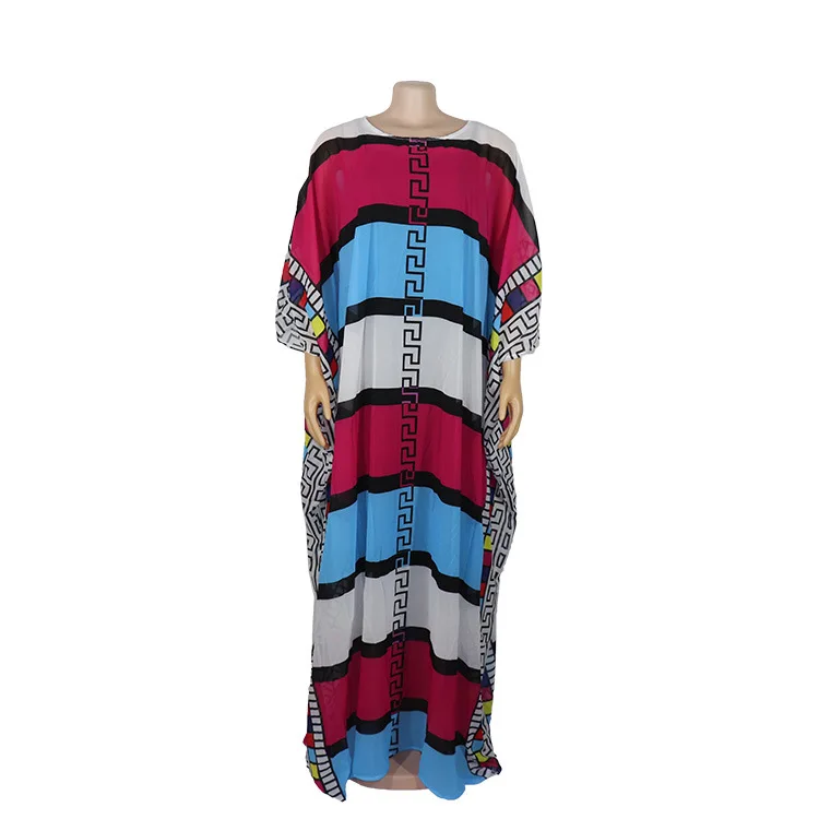 African 2020 Lady Dress Round Collar Pullover Stripes Pattern Printing Bat Sleeve Loose Type Women Skirt