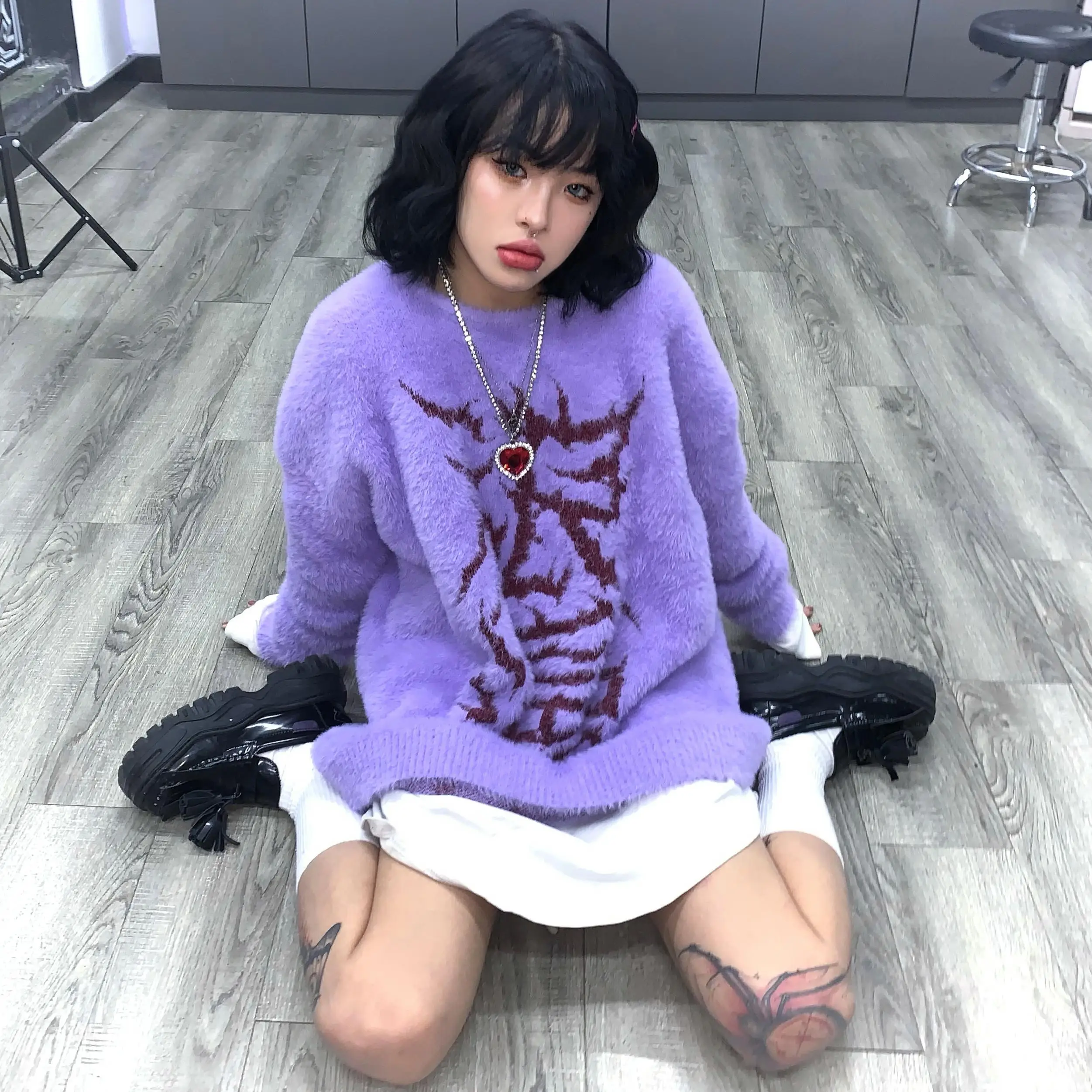 Japanese Women Sweater Harajuku Purple Long SLeeve Streetwear Knit Pullovers Autumn Winter Warm Punk Sweater Jumpers