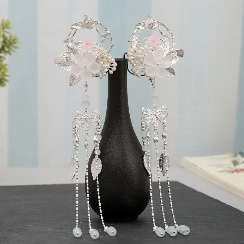 New Ancient Chinese Style Delicate Hanfu Dress Flower Leaf Long Tassel Pendant Hairpins Clips Women Girls Fairy Hair Jewelry