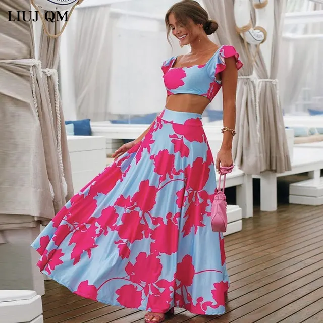 Duży rozmiar Letni 2-częściowy zestaw damski Crop Top + Długa spódnica z wysokim stanem Zestaw Maxi Dopasowane zestawy z nadrukiem Boho Seksowne sukienki plażowe