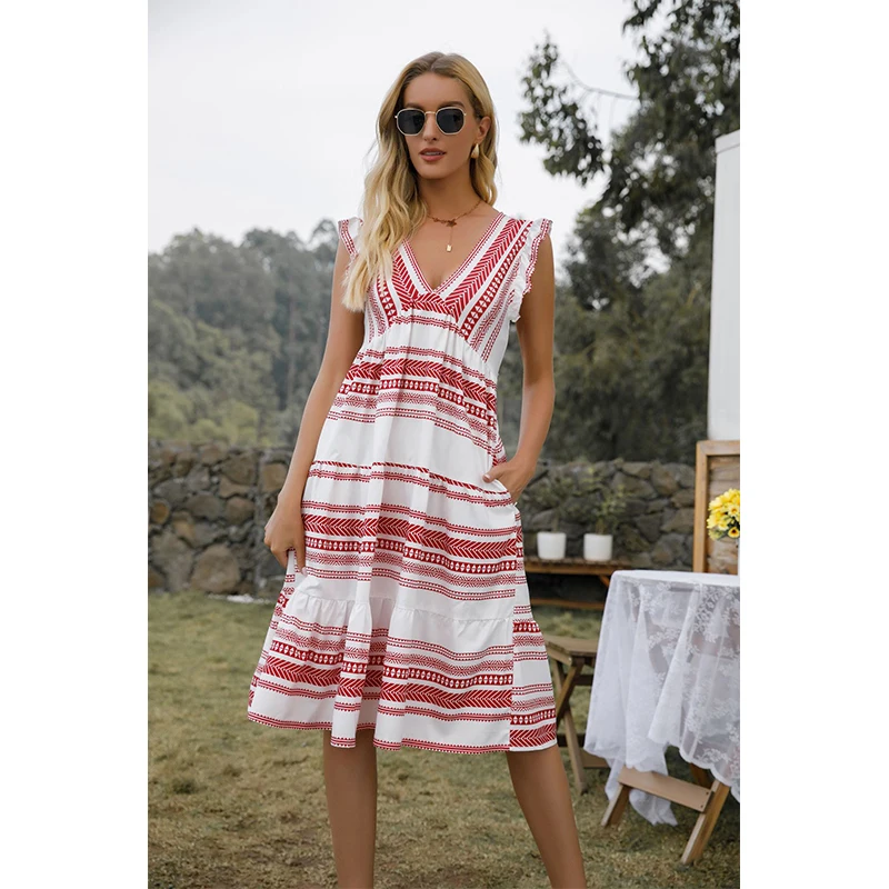 Leisure Vacation Beach Skirt Summer New V-Neck Sleeveless Retro Print Dress Bohemian Pocket Clause Long Dress Cake Skirt