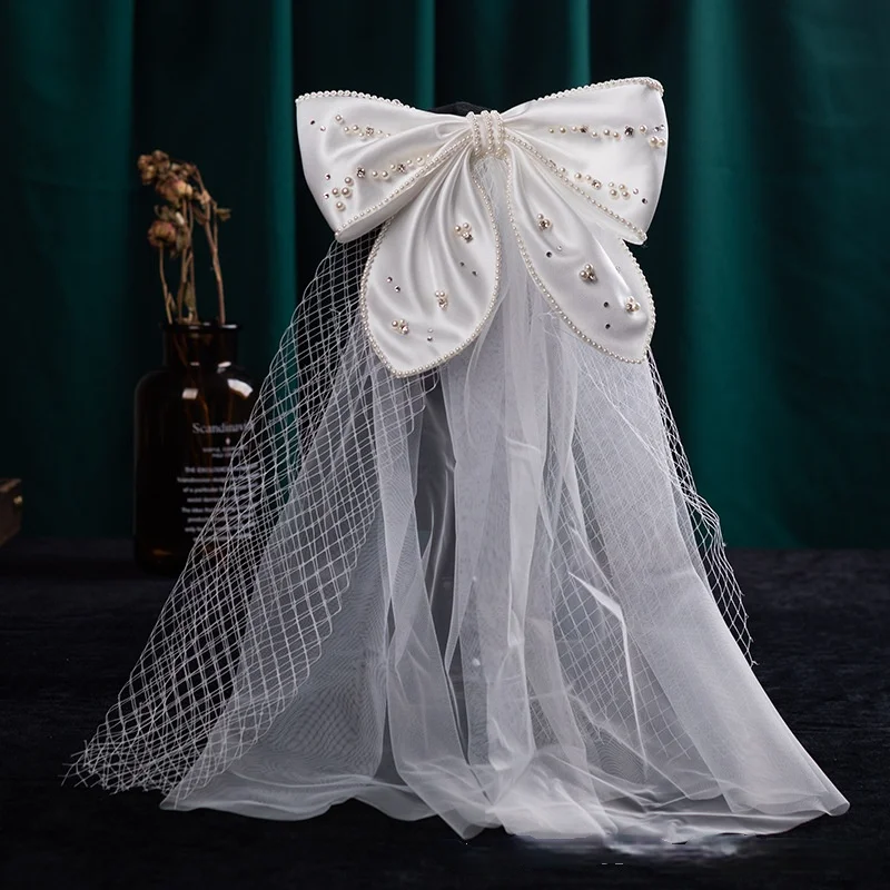 white satin bow Pearl veil bride hair accessories mesh soft short yarn wedding Hair accessories