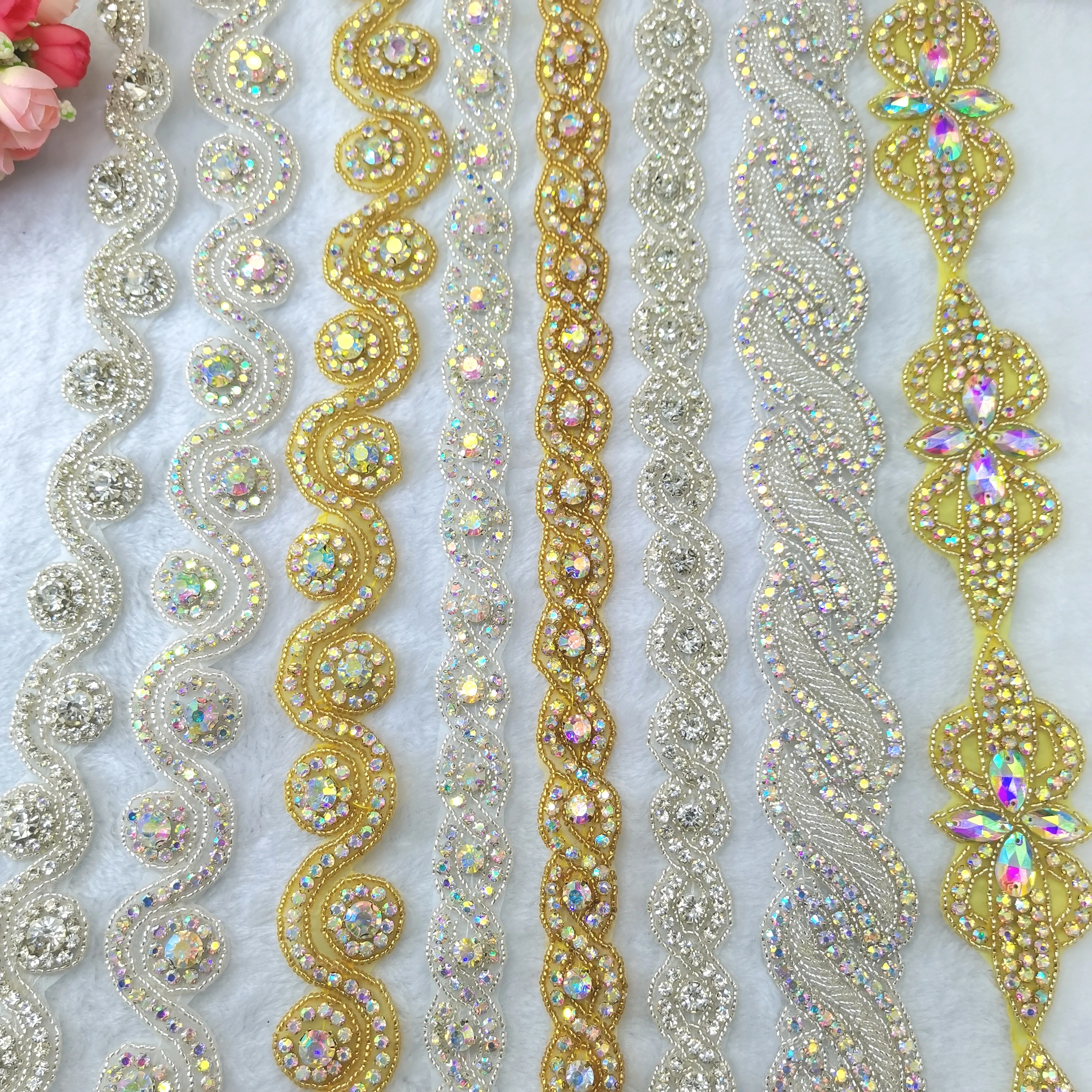 1Yard White Gold AB Color Hot Fix Tape Ribbon Glass Crystal Rhinestone Trim Metal Chain Decoration Iron On Shoes Clothing Access