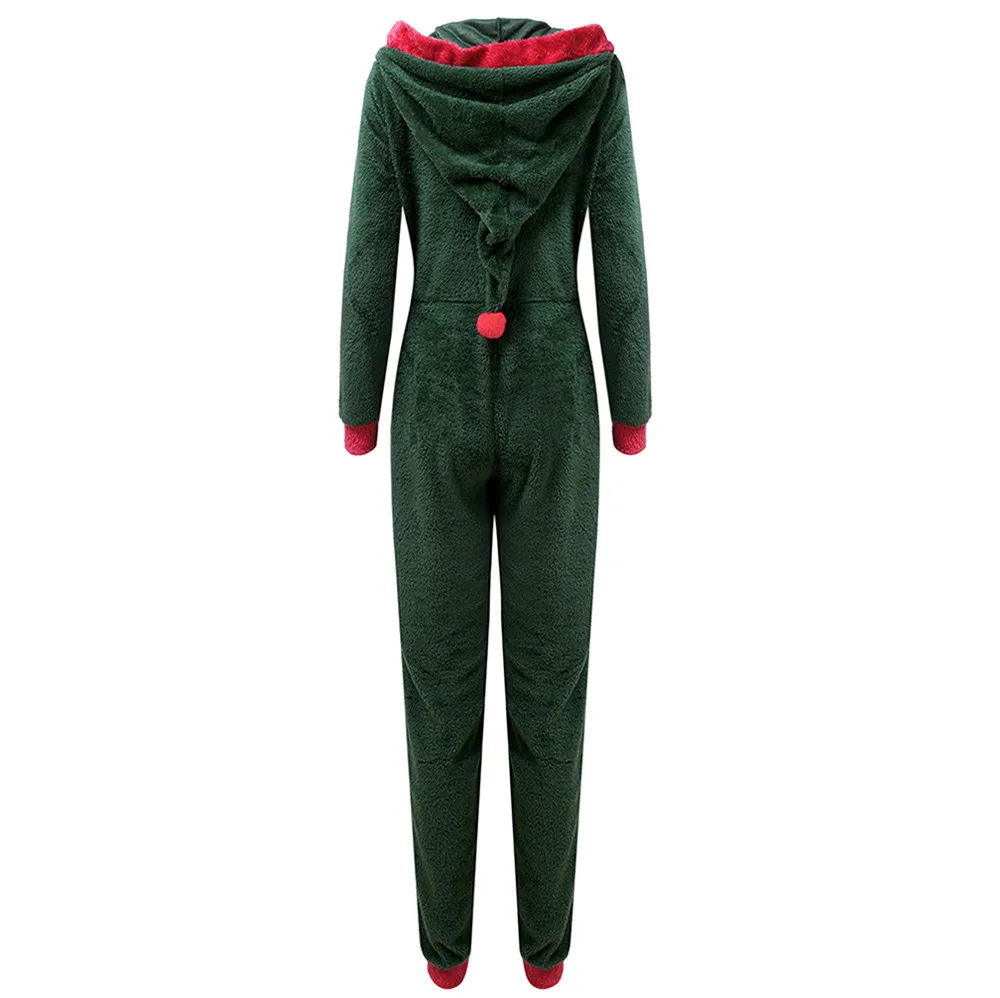 Women Christmas Long Sleeve Hooded Jumpsuits with Zipper Lady Fall Winter Warm Fleece Rompers Festival Holiday Loungewear 2022