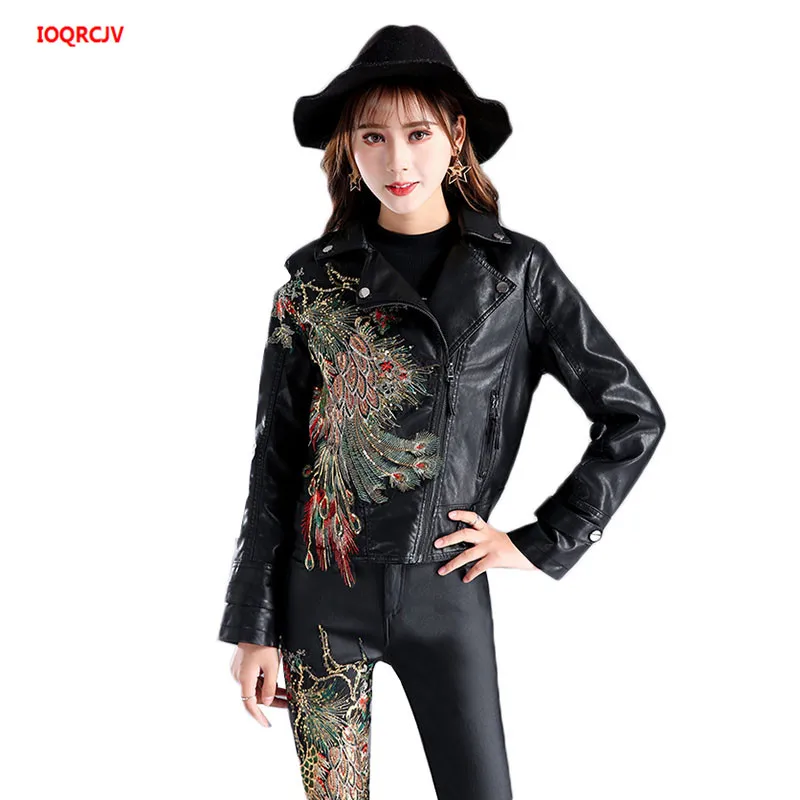 Chic Faux Leather Jackets For Women Spring Autumn Bright Silk Diamond Soft Pu Motorcycle Leather Coat Streetwear Outerwear W1946