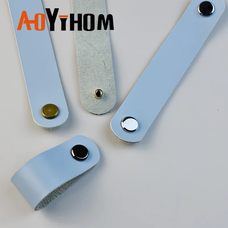 AOYIHOM Kitchen Cabinet Storage Pull Light Blue Leather Furniture Handle Used for Indoor Living Room Drawer Wardrobe Door Knob